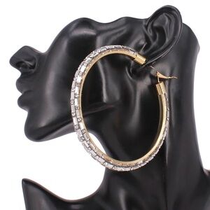 Gold Oversized Baguette Rhinestone Embellished Hoop Statement Earrings